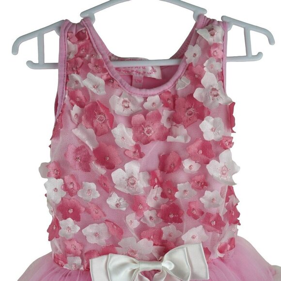 NWOT Popatu Infant Girls 12M‎ Pink Floral Tulle Dress With White Bow - Picture 2 of 8